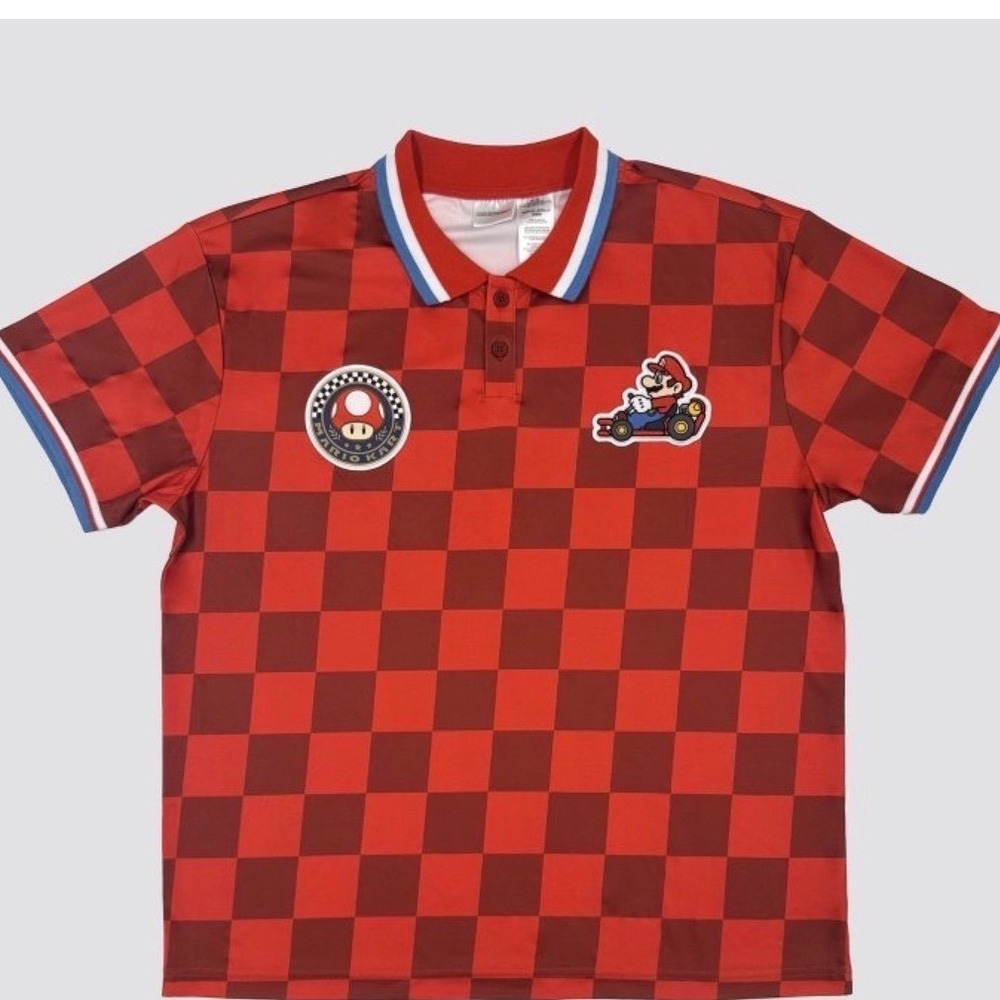 Mario Kart Polo Shirt Mens XL Red Checkered NWT Racing Patches Nintendo Top